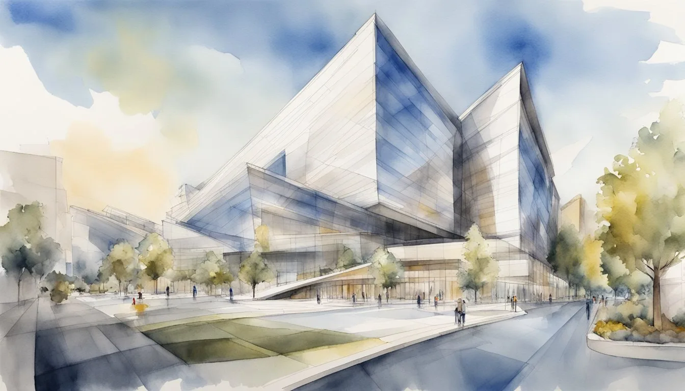 Watercolor illustration of modern glass architecture with pedestrians.