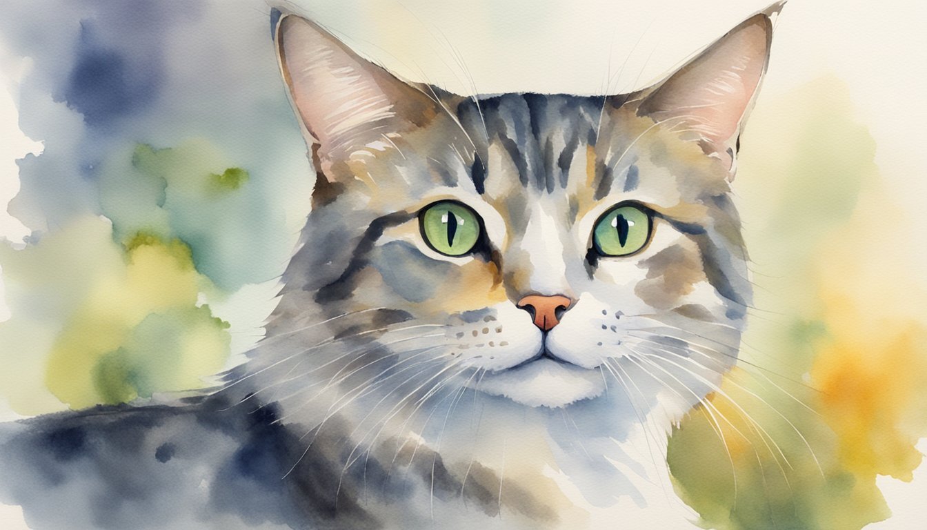 Watercolor painting of a green-eyed tabby cat.