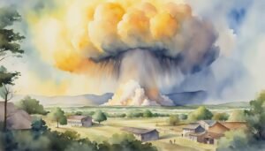 Watercolor painting of stormy explosion over rural landscape.