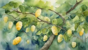 Watercolor painting of tree with hanging yellow fruit.