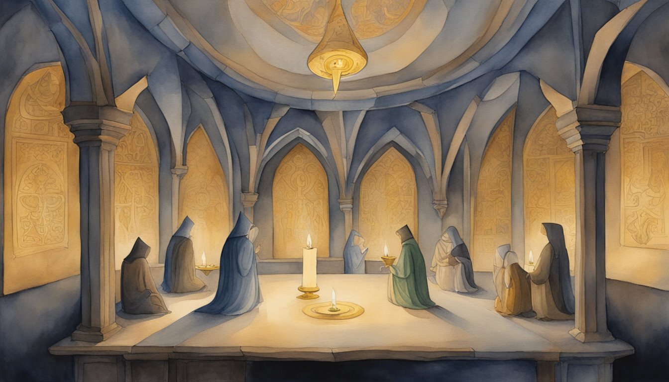 Hooded figures in candlelit medieval vaulted hall.