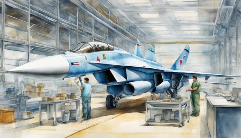 Watercolor illustration of jet in aircraft hangar with technicians.