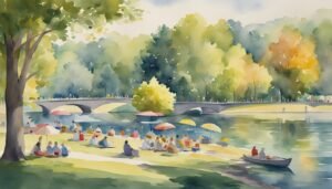 Watercolor park scene with people boating and relaxing under umbrellas