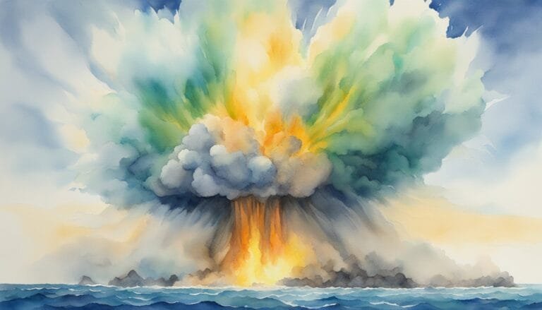 Watercolor painting of explosive oceanic volcanic eruption.