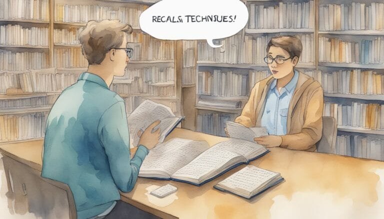 Two students discussing recall techniques in library.