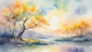 Watercolor sunset landscape with trees and lake.