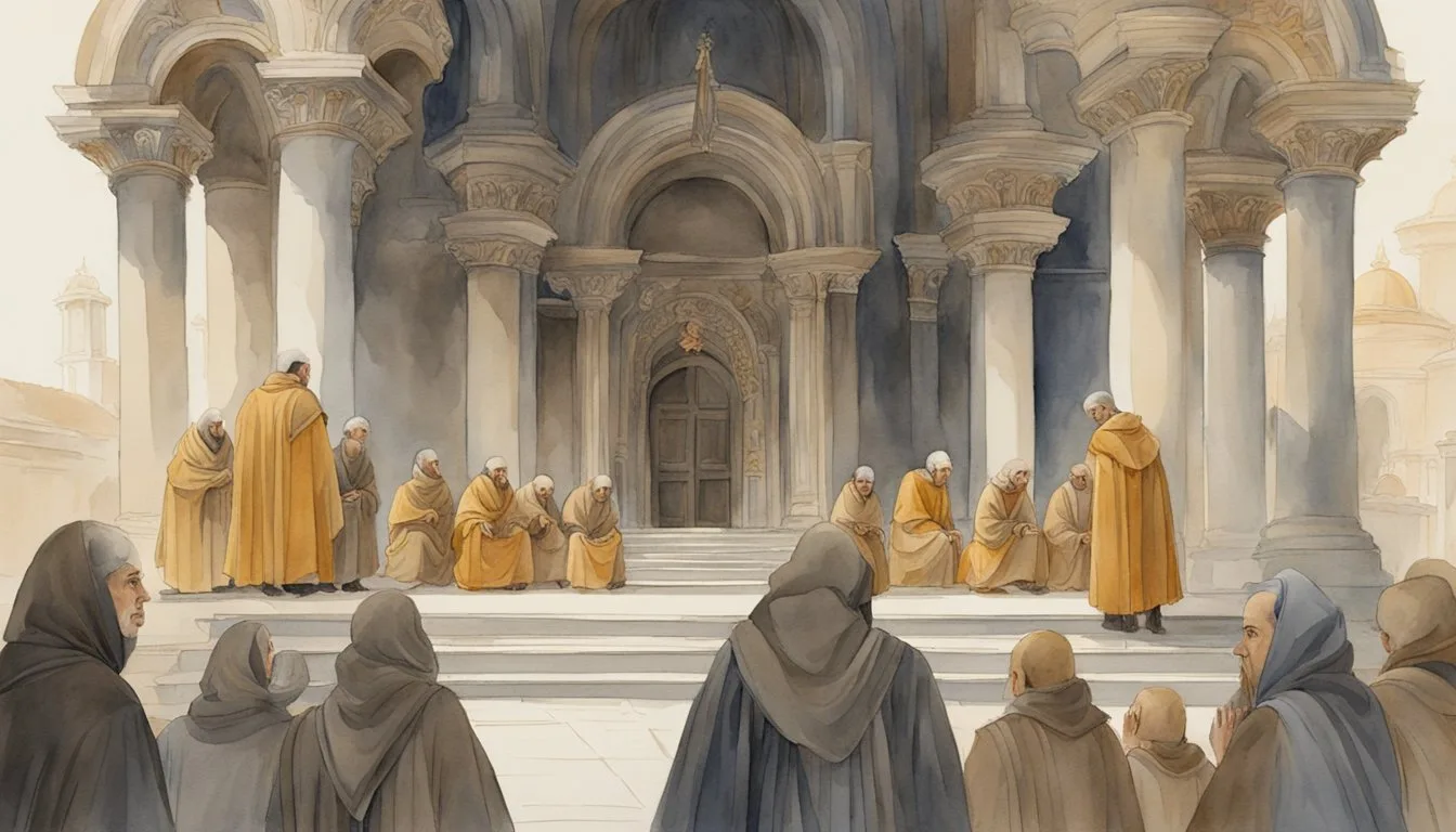 Monks in robes gathering at an ornate ancient cathedral.