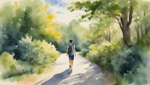 Person walking on forest path, watercolor landscape.