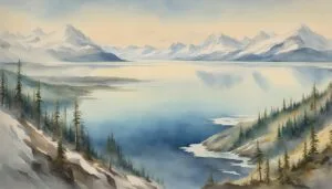 Majestic mountain landscape with serene lake and evergreen forests.