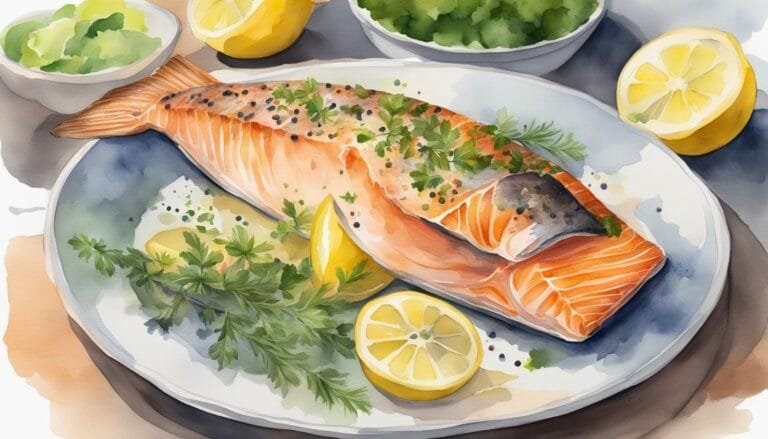 Watercolor painting of salmon dish with lemon and herbs.