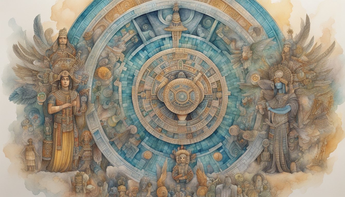 Intricate celestial Mayan-inspired artwork with angelic figures.