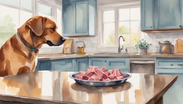 Dog eyeing meat in sunny kitchen.