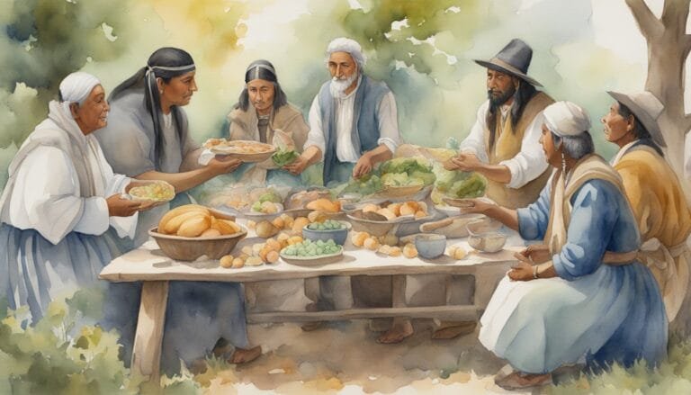 Traditional communal meal preparation, watercolor painting.