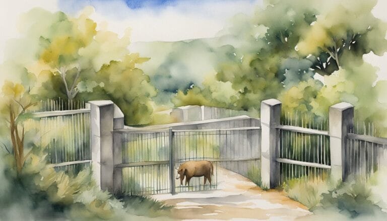 Watercolor of elephant behind gate in lush landscape.