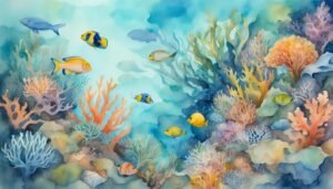 Colorful watercolor painting of a vibrant coral reef scene.