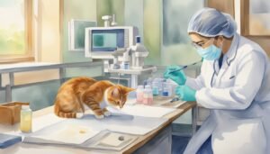 Veterinarian treating a ginger cat in clinic.