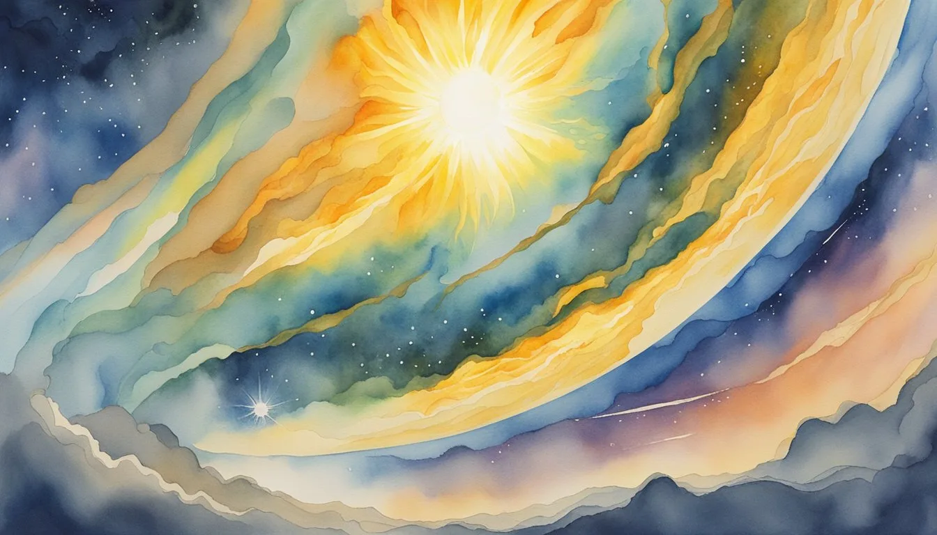Watercolor painting of vibrant sun with flowing celestial waves.