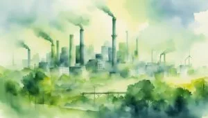Watercolor cityscape with industrial pollution and greenery.
