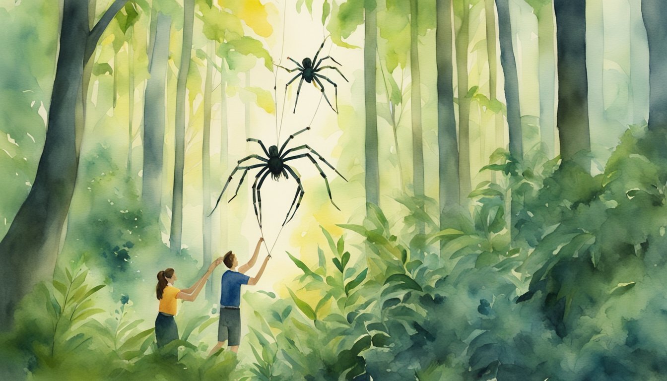 Watercolor of children encountering giant spiders in forest.