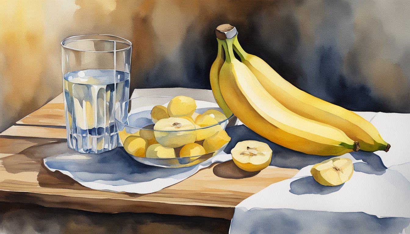 Watercolor painting of bananas, apples, and a glass of water.