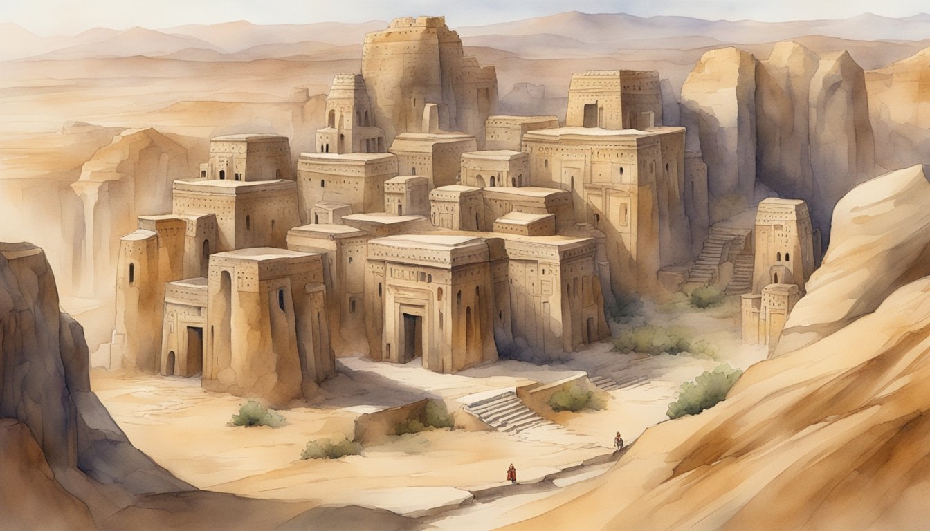 Ancient cliffside desert cityscape in warm watercolor tones.