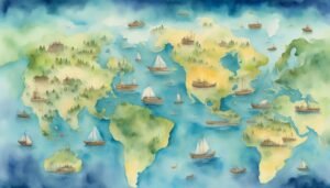 Watercolor map with ships sailing around stylized continents.