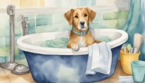 Dog relaxing in a blue bathtub with bathroom accessories.