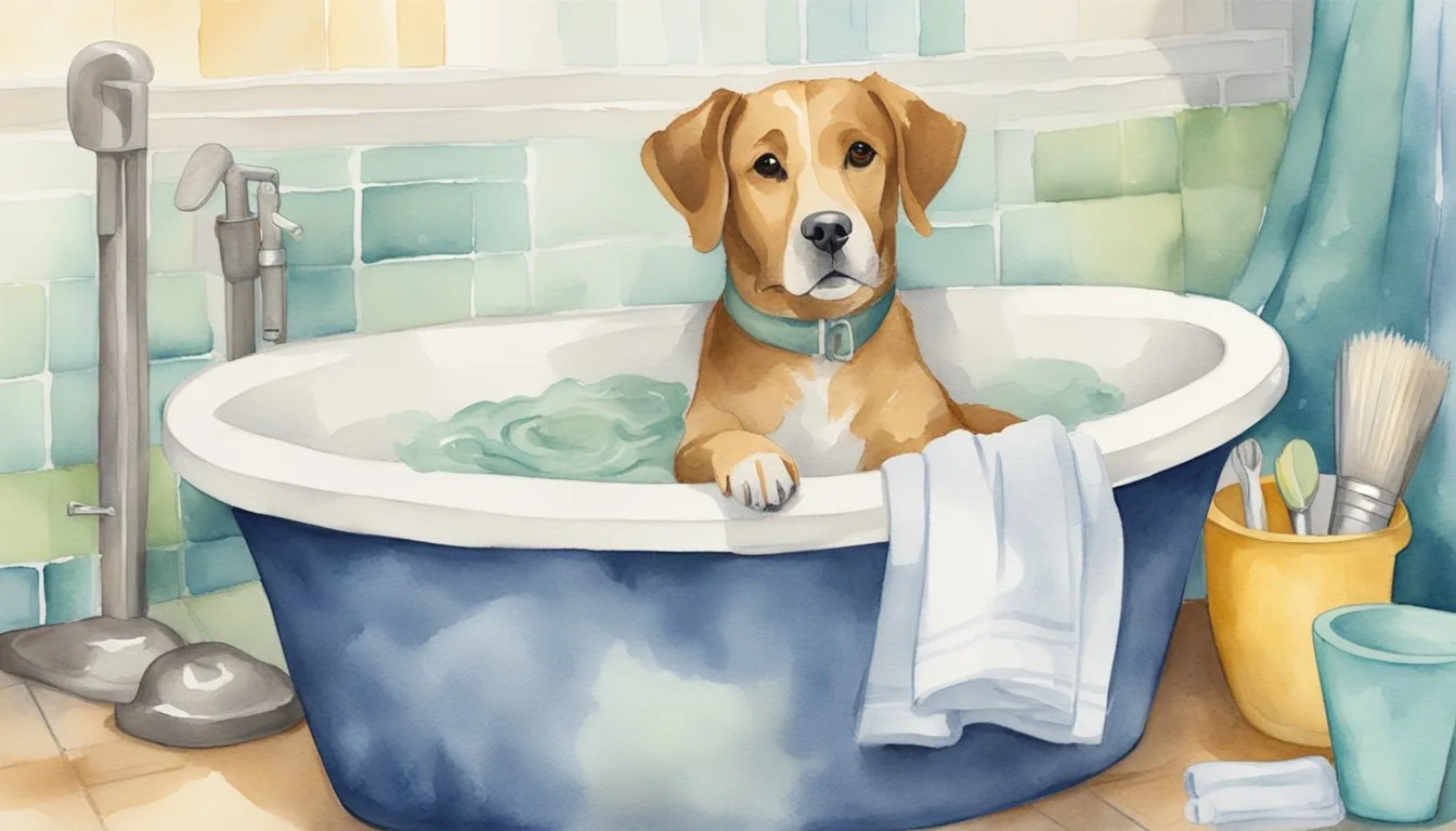 Dog relaxing in a blue bathtub with bathroom accessories.