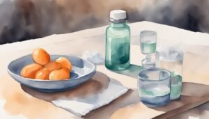 Watercolor of eggs, glassware, and a green bottle.