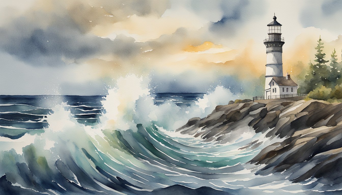 Watercolor seascape with lighthouse and crashing waves.