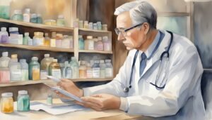 Doctor reviewing medical documents in pharmacy.