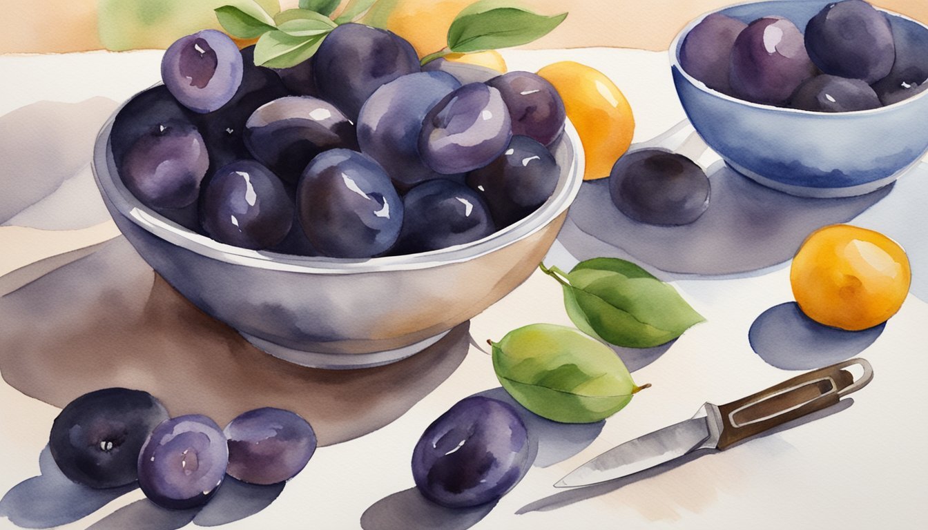 Watercolor painting of plums and apricots in bowls