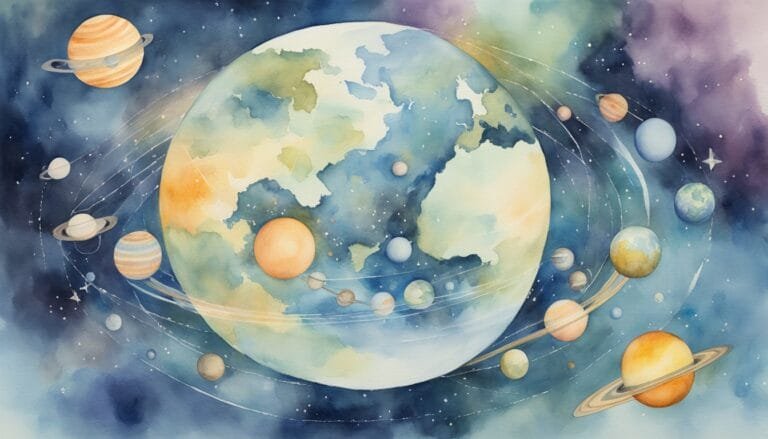 Watercolor illustration of fantasy solar system with Earth.