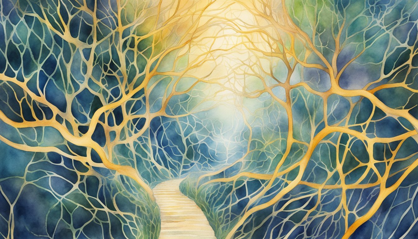 Surreal forest pathway watercolor illustration