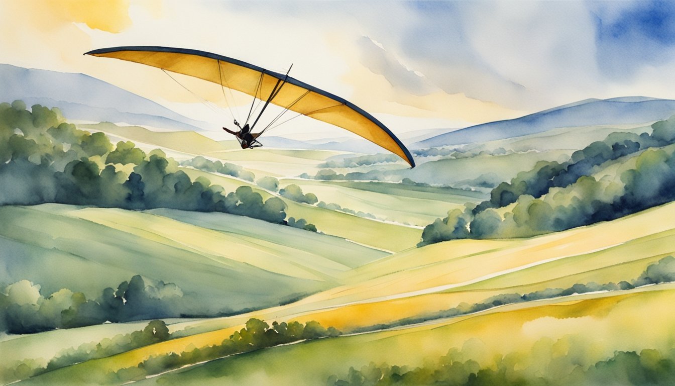 Hang glider soaring over scenic green hills.