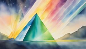 Vibrant watercolor landscape with rainbow pyramid at sunrise.