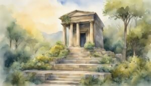 Watercolor of ancient temple amidst lush, misty forest.