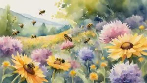 Watercolor of bees pollinating vibrant garden flowers.