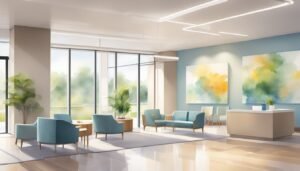 Modern lobby with teal chairs and large windows.