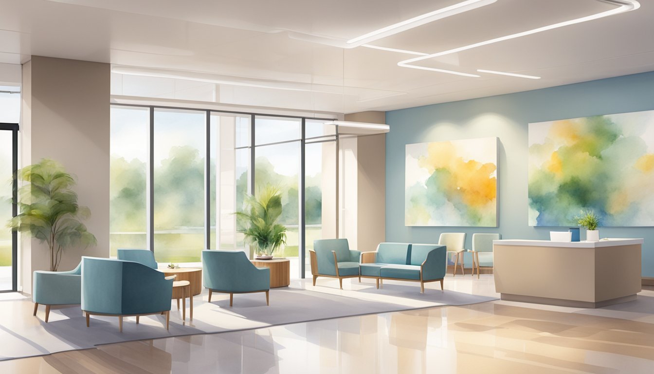 Modern lobby with teal chairs and large windows.