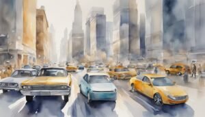 Watercolor painting of busy city street with cars.