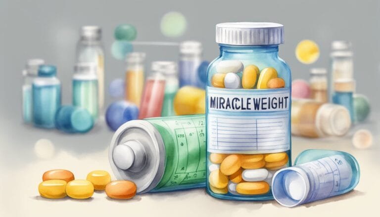 Colorful diet supplement pills in labeled bottles.