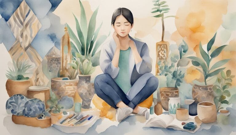 Woman meditating among watercolor painted plants and art supplies.