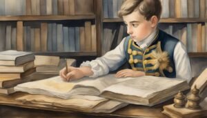 Young boy studiously writing in historical library setting.