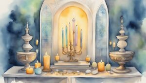 Watercolor painting of candlelit altar and Gothic arch.