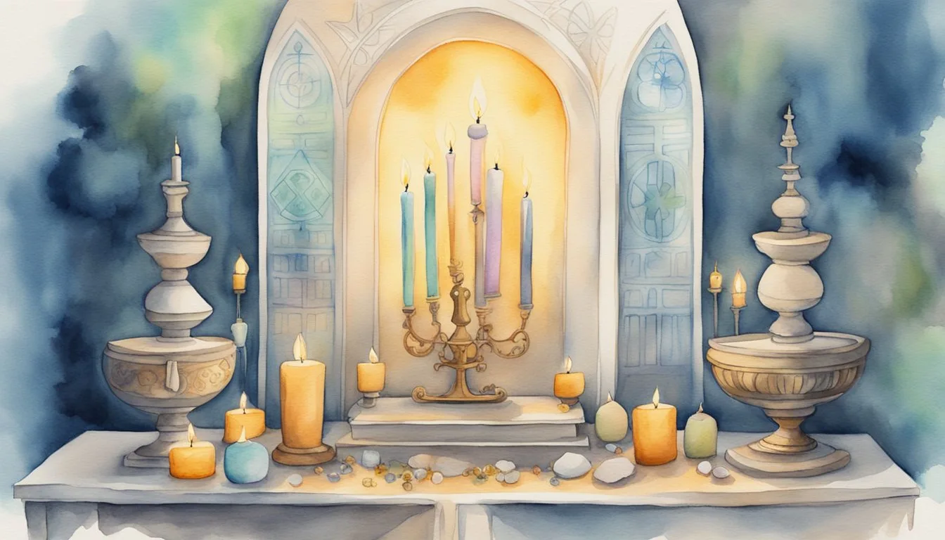 Watercolor painting of candlelit altar and Gothic arch.