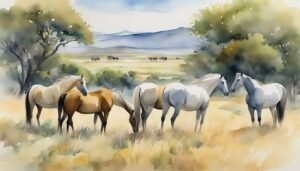 Horses grazing in serene landscape watercolor painting.