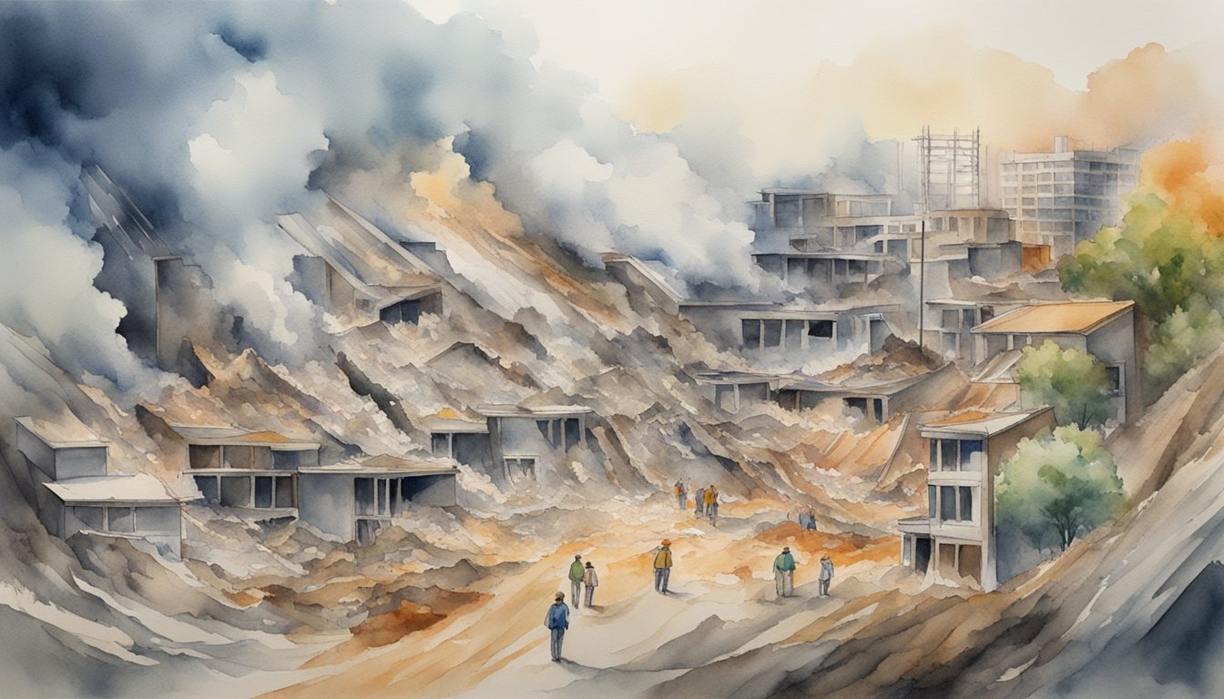 Watercolor painting of a collapsed urban area with figures.