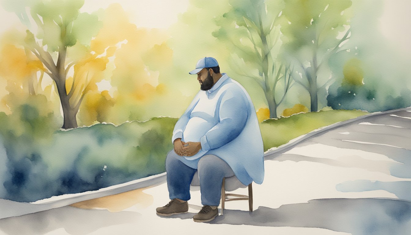 Man sitting on bench beside road in watercolor landscape.