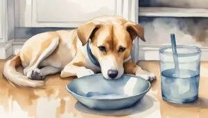 Dog staring sadly at empty bowl with water glass.